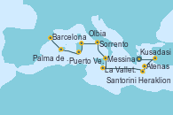 Visitando Atenas (Grecia), Kusadasi (Efeso/Turquía), Santorini (Grecia), Heraklion (Creta), La Valletta (Malta), Messina (Sicilia), Sorrento (Nápoles/Italia), Olbia (Cerdeña), Puerto Vecchio (Córcega), Palma de Mallorca (España), Barcelona