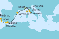 Visitando Civitavecchia (Roma), Livorno, Pisa y Florencia (Italia), Livorno, Pisa y Florencia (Italia), Porto Venere (Italia), Bastia (Córcega), Niza (Francia), Barcelona, Barcelona, Málaga, Gibraltar (Inglaterra), Portimao (Portugal), Lisboa (Portugal)