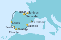 Visitando Barcelona, Valencia, Cartagena (Murcia), Málaga, Gibraltar (Inglaterra), Sevilla (España), Sevilla (España), Sevilla (España), Lisboa (Portugal), Santander (España), Bilbao (España), San Sebastián (España), Burdeos (Francia), Burdeos (Francia)