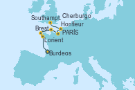 Visitando Burdeos (Francia), Burdeos (Francia), Lorient (Francia), Brest (Francia), Saint Malo (Francia), Cherburgo (Francia), PARÍS (ROUEN), FRANCIA, PARÍS (ROUEN), FRANCIA, Honfleur (Francia), Southampton (Inglaterra)