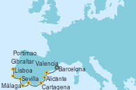 Visitando Barcelona, Valencia, Alicante (España), Cartagena (Murcia), Málaga, Gibraltar (Inglaterra), Sevilla (España), Sevilla (España), Sevilla (España), Portimao (Portugal), Lisboa (Portugal), Lisboa (Portugal)