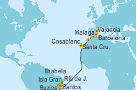 Visitando Santos (Brasil), Ilhabela (Brasil), Isla Grande (Brasil), Buzios (Brasil), Río de Janeiro (Brasil), Santa Cruz de Tenerife (España), Casablanca (Marruecos), Málaga, Valencia, Barcelona