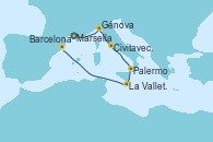 Visitando Marsella (Francia), Génova (Italia), Civitavecchia (Roma), Palermo (Italia), La Valletta (Malta), Barcelona