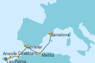 Visitando Las Palmas de Gran Canaria (España), Arrecife (Lanzarote/España), Casablanca (Marruecos), Casablanca (Marruecos), Gibraltar (Inglaterra), Melilla (España), Barcelona