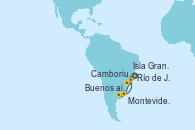 Visitando Río de Janeiro (Brasil), Isla Grande (Brasil), Camboriu, Brazil, Montevideo (Uruguay), Buenos aires, Río de Janeiro (Brasil)