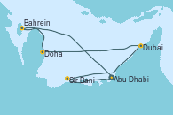 Visitando Abu Dhabi (Emiratos Árabes Unidos), Sir Bani Yas Is (Emiratos Árabes Unidos), Dubai, Dubai, Doha (Catar), Doha (Catar), Bahrein (Emiratos Árabes Unidos), Abu Dhabi (Emiratos Árabes Unidos)