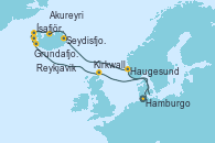 Visitando Hamburgo (Alemania), Haugesund (Noruega), Seydisfjordur (Islandia), Akureyri (Islandia), Ísafjörður (Islandia), Grundafjord (Islandia), Reykjavik (Islandia), Kirkwall (Escocia), Hamburgo (Alemania)