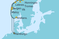 Visitando Hamburgo (Alemania), Bergen (Noruega), Leknes (Noruega), Tromso (Noruega), Honningsvag (Noruega), Kristiansand (Noruega), Maloy (Noruega), Vik (Noruega), Hamburgo (Alemania)