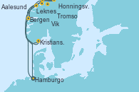 Visitando Hamburgo (Alemania), Bergen (Noruega), Leknes (Noruega), Tromso (Noruega), Honningsvag (Noruega), Kristiansand (Noruega), Aalesund (Noruega), Vik (Noruega), Hamburgo (Alemania)