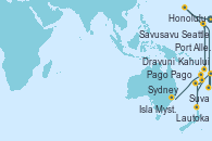 Visitando Seattle (Washington/EEUU), Honolulu (Hawai), Honolulu (Hawai), Kahului (Hawai/EEUU), Port Allen, Kauai, Hawaiian, Pago Pago (Samoa), Savusavu (Islas Fidji), Dravuni (Fiji), Lautoka (Fiyi), Suva (Fiyi), Isla Mystery (Vanuatu), Sydney (Australia)