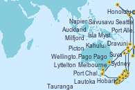 Visitando Seattle (Washington/EEUU), Honolulu (Hawai), Honolulu (Hawai), Kahului (Hawai/EEUU), Port Allen, Kauai, Hawaiian, Pago Pago (Samoa), Savusavu (Islas Fidji), Dravuni (Fiji), Lautoka (Fiyi), Suva (Fiyi), Isla Mystery (Vanuatu), Sydney (Australia), Melbourne (Australia), Hobart (Australia), Milfjord Sound (Nueva Zelanda), Port Chalmers (Nueva Zelanda), Lyttelton (Nueva Zelanda), Picton (Australia), Wellington (Nueva Zelanda), Napier (Nueva Zelanda), Tauranga (Nueva Zelanda), Auckland (Nueva Zelanda)