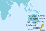 Visitando Auckland (Nueva Zelanda), Tauranga (Nueva Zelanda), Napier (Nueva Zelanda), Picton (Australia), Lyttelton (Nueva Zelanda), Timaru (Nueva Zelanda), Port Chalmers (Nueva Zelanda), Hobart (Australia), Melbourne (Australia), Sydney (Australia)