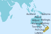 Visitando Sydney (Australia), Milfjord Sound (Nueva Zelanda), Port Chalmers (Nueva Zelanda), Lyttelton (Nueva Zelanda), Wellington (Nueva Zelanda), Napier (Nueva Zelanda), Gisborne (Nueva Zelanda), Tauranga (Nueva Zelanda), Auckland (Nueva Zelanda), Waitangi (Islas Bay/Nueva Zelanda), Sydney (Australia)