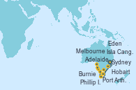 Visitando Sydney (Australia), Phillip Island, Burnie (Tasmania/Australia), Adelaide (Australia), Isla Canguro (Australia), Hobart (Australia), Port Arthur (Tasmania/Australia), Melbourne (Australia), Eden (Nueva Gales), Sydney (Australia)