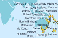 Visitando Sydney (Australia), Phillip Island, Burnie (Tasmania/Australia), Adelaide (Australia), Isla Canguro (Australia), Hobart (Australia), Port Arthur (Tasmania/Australia), Melbourne (Australia), Eden (Nueva Gales), Sydney (Australia), Moreton Island (Australia), Brisbane (Australia), Townsville, Cairns (Australia), Alotau (Pupúa Nueva Guinea), CONFLICT ISLANDS, Kiriwina Island, Honiara (Islas Salomón), Luganville (Vanuatu), Puerto Vila (Vanuatu), Isla Mystery (Vanuatu), Lautoka (Fiyi), Suva (Fiyi), Dravuni (Fiji), Vava'u (Tonga), Nukualofa (Tongatapu), Waitangi (Islas Bay/Nueva Zelanda), Tauranga (Nueva Zelanda), Auckland (Nueva Zelanda)