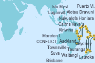 Visitando Sydney (Australia), Moreton Island (Australia), Brisbane (Australia), Townsville, Cairns (Australia), Alotau (Pupúa Nueva Guinea), CONFLICT ISLANDS, Kiriwina Island, Honiara (Islas Salomón), Luganville (Vanuatu), Puerto Vila (Vanuatu), Isla Mystery (Vanuatu), Lautoka (Fiyi), Suva (Fiyi), Dravuni (Fiji), Vava'u (Tonga), Nukualofa (Tongatapu), Waitangi (Islas Bay/Nueva Zelanda), Tauranga (Nueva Zelanda), Auckland (Nueva Zelanda)