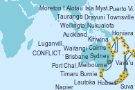 Visitando Sydney (Australia), Moreton Island (Australia), Brisbane (Australia), Townsville, Cairns (Australia), Alotau (Pupúa Nueva Guinea), CONFLICT ISLANDS, Kiriwina Island, Honiara (Islas Salomón), Luganville (Vanuatu), Puerto Vila (Vanuatu), Isla Mystery (Vanuatu), Lautoka (Fiyi), Suva (Fiyi), Dravuni (Fiji), Vava'u (Tonga), Nukualofa (Tongatapu), Waitangi (Islas Bay/Nueva Zelanda), Tauranga (Nueva Zelanda), Auckland (Nueva Zelanda), Tauranga (Nueva Zelanda), Napier (Nueva Zelanda), Wellington (Nueva Zelanda), Timaru (Nueva Zelanda), Port Chalmers (Nueva Zelanda), Hobart (Australia), Burnie (Tasmania/Australia), Melbourne (Australia), Sydney (Australia)
