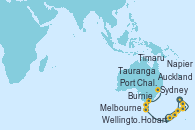 Visitando Auckland (Nueva Zelanda), Tauranga (Nueva Zelanda), Napier (Nueva Zelanda), Wellington (Nueva Zelanda), Timaru (Nueva Zelanda), Port Chalmers (Nueva Zelanda), Hobart (Australia), Burnie (Tasmania/Australia), Melbourne (Australia), Sydney (Australia)
