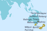 Visitando Sydney (Australia), Melbourne (Australia), Burnie (Tasmania/Australia), Milfjord Sound (Nueva Zelanda), Port Chalmers (Nueva Zelanda), Timaru (Nueva Zelanda), Wellington (Nueva Zelanda), Napier (Nueva Zelanda), Tauranga (Nueva Zelanda), Waitangi (Islas Bay/Nueva Zelanda), Auckland (Nueva Zelanda)