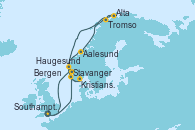 Visitando Southampton (Inglaterra), Stavanger (Noruega), Aalesund (Noruega), Tromso (Noruega), Alta (Noruega), Kristiansand (Noruega), Bergen (Noruega), Haugesund (Noruega), Southampton (Inglaterra)