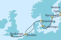 Visitando Southampton (Inglaterra), Gotemburgo (Suecia), Nynashamn (Suecia), Tallin (Estonia), Helsinki (Finlandia), Copenhague (Dinamarca), Ijmuiden (Ámsterdam), Southampton (Inglaterra)