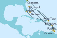 Visitando Miami (Florida/EEUU), Nassau (Bahamas), St. John´s (Antigua y Barbuda), Charleston (Carolina del Sur), Castries (Santa Lucía/Caribe), Port Elizabeth (San Vicente y Granadinas), Bridgetown (Barbados), St. John´s (Antigua y Barbuda), Philipsburg (St. Maarten), Road Town (Isla Tórtola/Islas Vírgenes), Miami (Florida/EEUU)