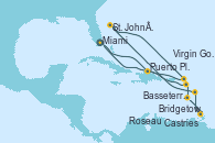 Visitando Miami (Florida/EEUU), Puerto Plata, Republica Dominicana, Philipsburg (St. Maarten), Basseterre (Antillas), Roseau (Dominica), Bridgetown (Barbados), Castries (Santa Lucía/Caribe), St. John´s (Antigua y Barbuda), Virgin Gorda (Islas Virgenes), Miami (Florida/EEUU)