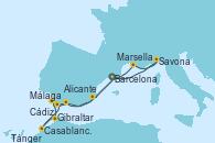 Visitando Barcelona, Marsella (Francia), Savona (Italia), Alicante (España), Málaga, Cádiz (España), Tánger (Marruecos), Casablanca (Marruecos), Gibraltar (Inglaterra), Barcelona