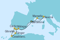 Visitando Barcelona, Marsella (Francia), Savona (Italia), Málaga, Cádiz (España), Casablanca (Marruecos), Casablanca (Marruecos), Tánger (Marruecos), Gibraltar (Inglaterra), Barcelona