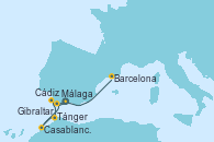 Visitando Málaga, Cádiz (España), Tánger (Marruecos), Casablanca (Marruecos), Gibraltar (Inglaterra), Barcelona