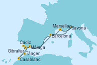 Visitando Savona (Italia), Málaga, Cádiz (España), Tánger (Marruecos), Casablanca (Marruecos), Gibraltar (Inglaterra), Barcelona, Marsella (Francia), Savona (Italia)