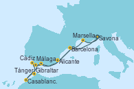 Visitando Savona (Italia), Alicante (España), Málaga, Cádiz (España), Tánger (Marruecos), Casablanca (Marruecos), Gibraltar (Inglaterra), Barcelona, Marsella (Francia), Savona (Italia)