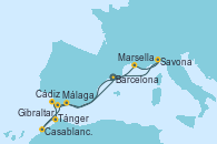 Visitando Barcelona, Marsella (Francia), Savona (Italia), Málaga, Cádiz (España), Tánger (Marruecos), Casablanca (Marruecos), Gibraltar (Inglaterra), Barcelona