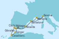 Visitando Málaga, Cádiz (España), Casablanca (Marruecos), Casablanca (Marruecos), Tánger (Marruecos), Gibraltar (Inglaterra), Barcelona, Marsella (Francia), Savona (Italia), Alicante (España), Málaga
