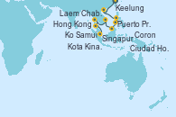Visitando Keelung (Taiwán), Hong Kong (China), Coron (Filipinas), Puerto Princesa Palawan (Filipinas), Kota Kinabalu (Borneo/Malasia), Ciudad Ho Chi Minh (Vietnam), Laem Chabang (Bangkok/Thailandia), Ko Samui (Tailandia), Singapur
