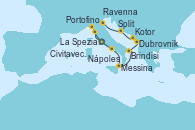 Visitando Civitavecchia (Roma), La Spezia, Florencia y Pisa (Italia), Portofino (Italia), Nápoles (Italia), Messina (Sicilia), Brindisi (Italia), Dubrovnik (Croacia), Kotor (Montenegro), Split (Croacia), Ravenna (Italia)