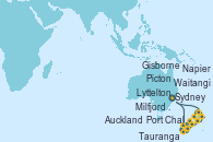 Visitando Sydney (Australia), Milfjord Sound (Nueva Zelanda), Port Chalmers (Nueva Zelanda), Lyttelton (Nueva Zelanda), Picton (Australia), Napier (Nueva Zelanda), Gisborne (Nueva Zelanda), Tauranga (Nueva Zelanda), Auckland (Nueva Zelanda), Waitangi (Islas Bay/Nueva Zelanda), Sydney (Australia)