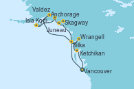 Visitando Vancouver (Canadá), Sitka (Alaska), Anchorage (Alaska), Isla Kodiak (Alaska), Valdez (Alaska), Juneau (Alaska), Skagway (Alaska), Wrangell (Alaska), Ketchikan (Alaska), Vancouver (Canadá)