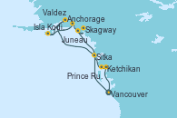 Visitando Vancouver (Canadá), Sitka (Alaska), Anchorage (Alaska), Isla Kodiak (Alaska), Valdez (Alaska), Skagway (Alaska), Juneau (Alaska), Ketchikan (Alaska), Prince Rupert (Canadá), Vancouver (Canadá)