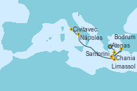 Visitando Atenas (Grecia), Santorini (Grecia), Chania (Creta/Grecia), Bodrum (Turquia), Limassol (Chipre), Nápoles (Italia), Civitavecchia (Roma)