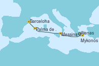 Visitando Atenas (Grecia), Mykonos (Grecia), Messina (Sicilia), Palma de Mallorca (España), Barcelona