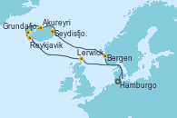 Visitando Hamburgo (Alemania), Lerwick (Escocia), Reykjavik (Islandia), Grundafjord (Islandia), Akureyri (Islandia), Akureyri (Islandia), Seydisfjordur (Islandia), Bergen (Noruega), Hamburgo (Alemania)