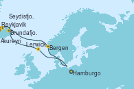 Visitando Hamburgo (Alemania), Lerwick (Escocia), Reykjavik (Islandia), Grundafjord (Islandia), Akureyri (Islandia), Akureyri (Islandia), Seydisfjordur (Islandia), Bergen (Noruega), Hamburgo (Alemania)