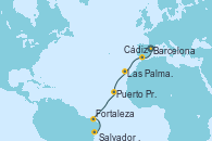 Visitando Barcelona, Cádiz (España), Las Palmas de Gran Canaria (España), Puerto Praia (Cabo Verde), Fortaleza (Brasil), Salvador de Bahía (Brasil)