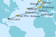 Visitando Fort Lauderdale (Florida/EEUU), Kings Wharf (Bermudas), Portland, Dorset (Reino Unido), Southampton (Inglaterra), Zeebrugge (Bruselas), Rotterdam (Holanda), Kristiansand (Noruega), Eidfjord (Hardangerfjord/Noruega), Bergen (Noruega), Kirkwall (Escocia), Rotterdam (Holanda)
