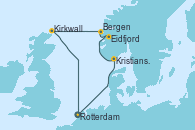 Visitando Rotterdam (Holanda), Kristiansand (Noruega), Eidfjord (Hardangerfjord/Noruega), Bergen (Noruega), Kirkwall (Escocia), Rotterdam (Holanda)