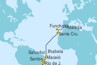 Visitando Málaga, Funchal (Madeira), Santa Cruz de Tenerife (España), Maceió (Brasil), Salvador de Bahía (Brasil), Río de Janeiro (Brasil), Ilhabela (Brasil), Santos (Brasil)