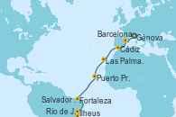 Visitando Génova (Italia), Barcelona, Cádiz (España), Las Palmas de Gran Canaria (España), Puerto Praia (Cabo Verde), Fortaleza (Brasil), Salvador de Bahía (Brasil), Ilheus (Brasil), Río de Janeiro (Brasil)