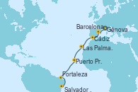 Visitando Génova (Italia), Barcelona, Cádiz (España), Las Palmas de Gran Canaria (España), Puerto Praia (Cabo Verde), Fortaleza (Brasil), Salvador de Bahía (Brasil)