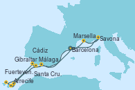 Visitando Barcelona, Marsella (Francia), Savona (Italia), Málaga, Gibraltar (Inglaterra), Arrecife (Lanzarote/España), Fuerteventura (Canarias/España), Santa Cruz de Tenerife (España), Cádiz (España), Barcelona